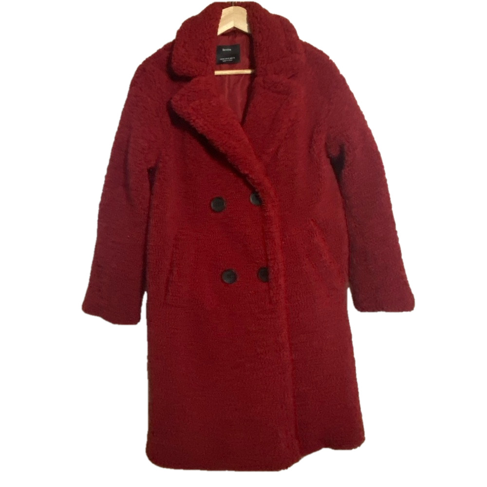BERSHKA women’s XS teddy cherry red fall-trend color chunky coat
